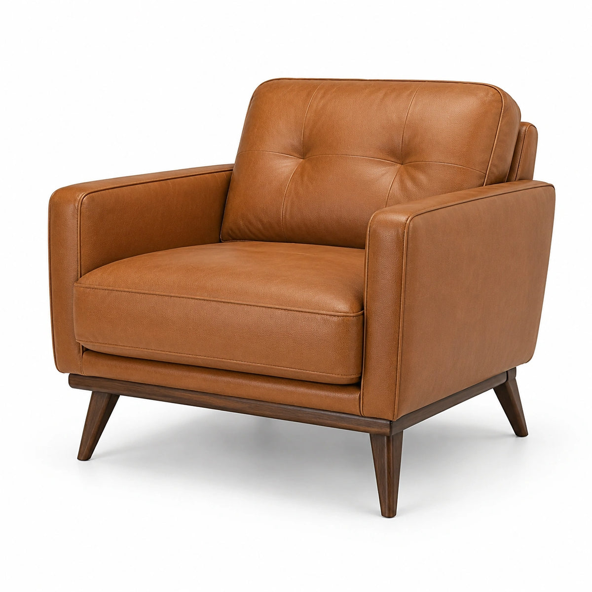 Poltrona moderna in similpelle cognac con gambe in legno marrone scuro, 94 × 88 × 83 cm