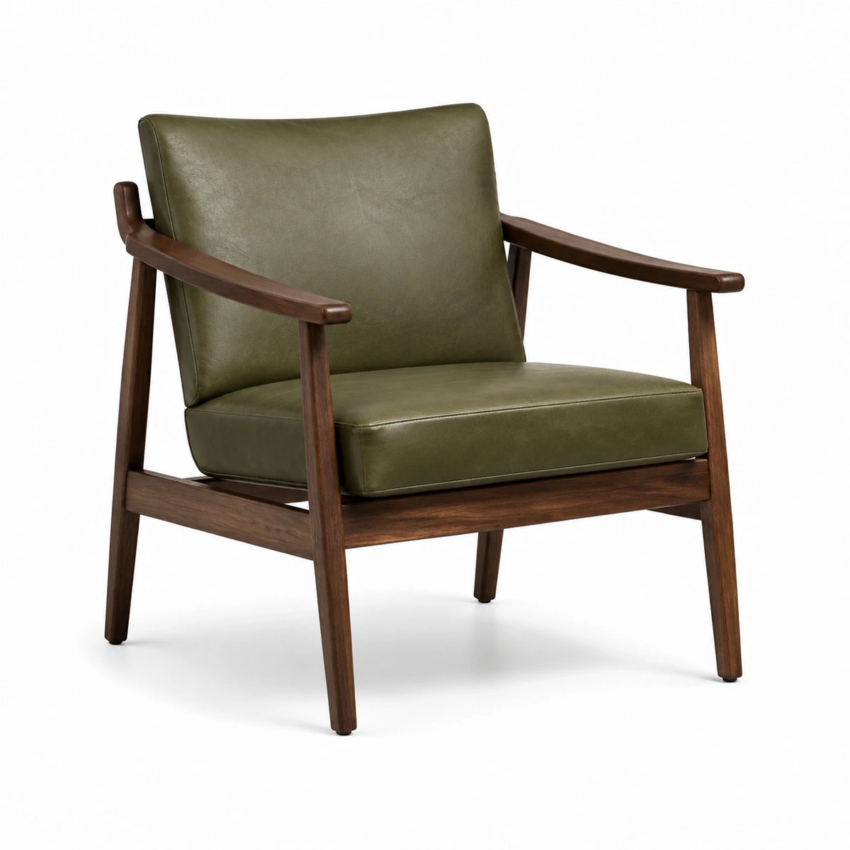 Poltrona retrò in legno marrone e similpelle verde oliva con braccioli, 70 × 76 × 80 cm