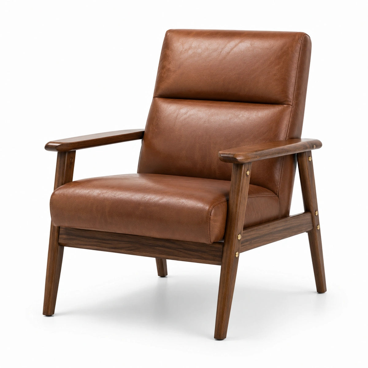 Poltrona imbottita retrò con braccioli in legno, cognac e marrone scuro, 70 × 78 × 85 cm