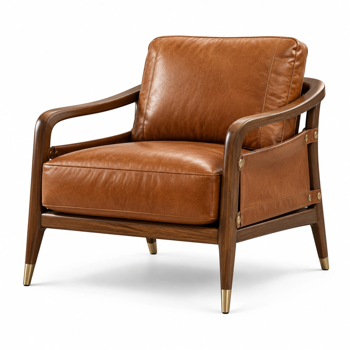 Poltrona rétro 75 × 82 × 84 cm in similpelle marrone e legno color noce con braccioli