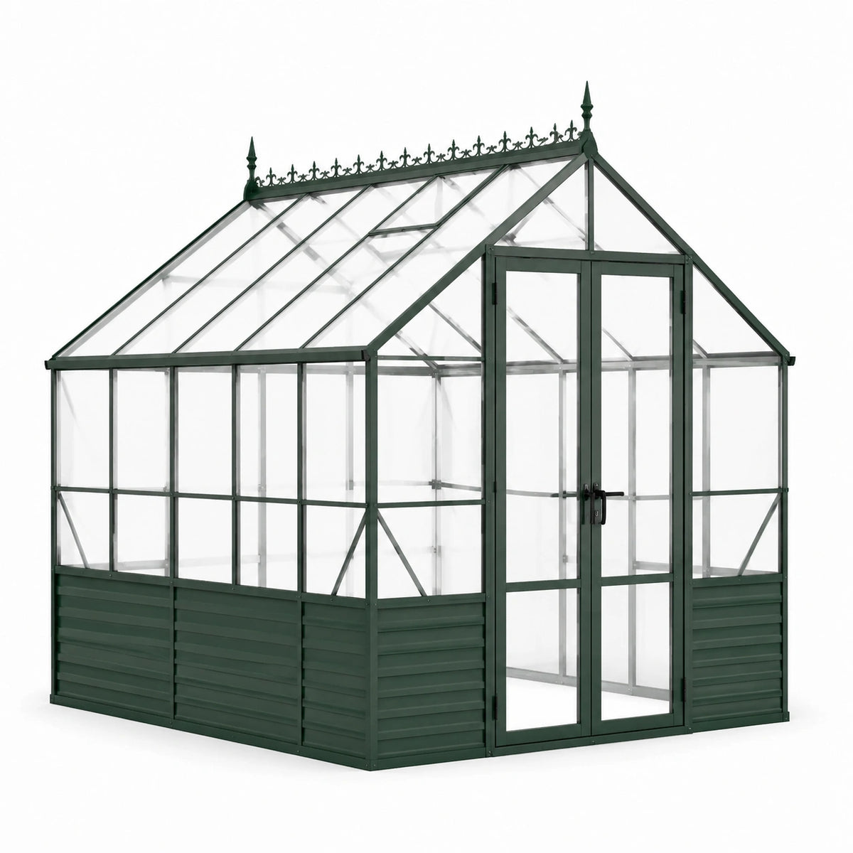 Serra da giardino in metallo verde scuro con pannelli trasparenti, doppia porta e finestra apribile, 250 × 190 × 230 cm