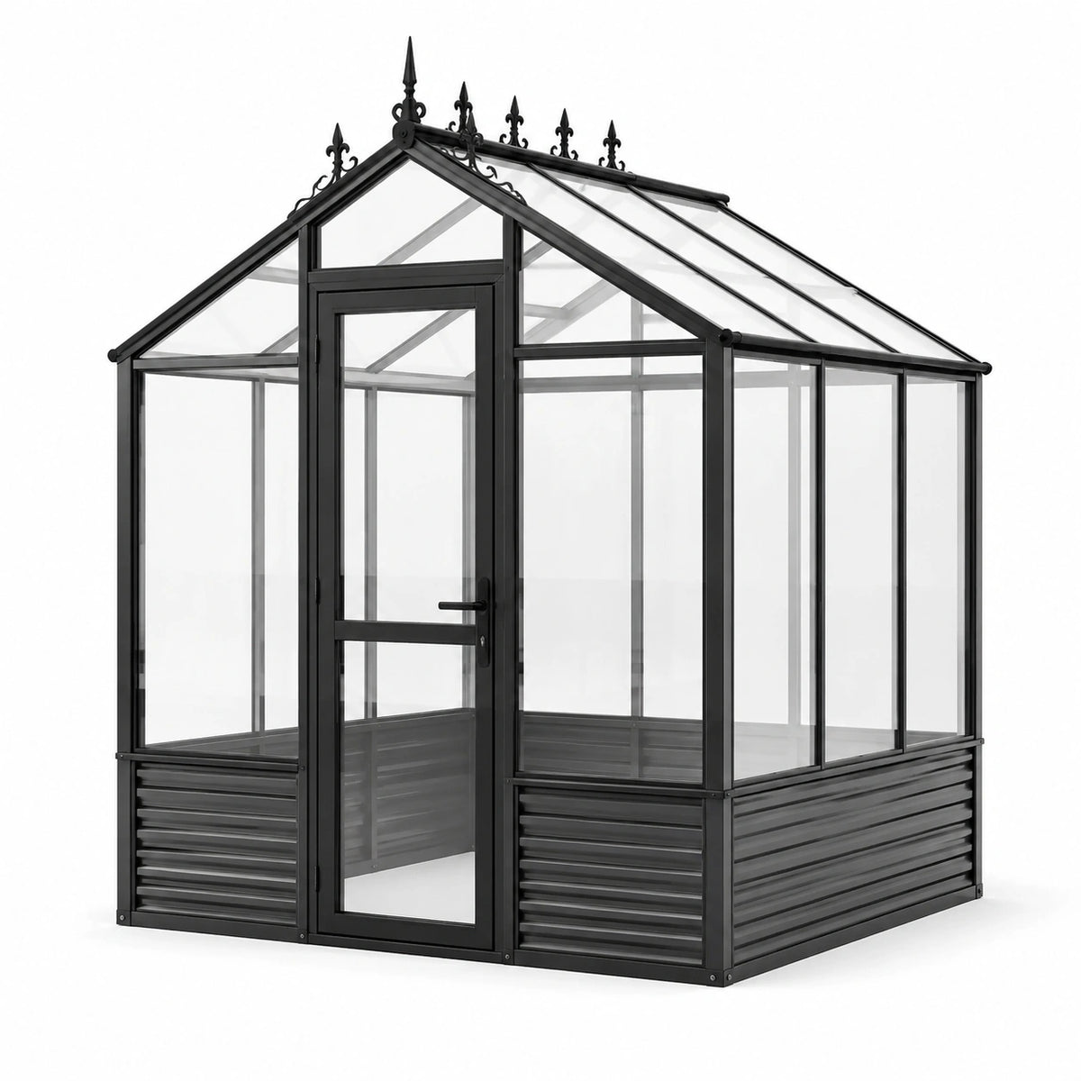 Serra da giardino in alluminio nero e policarbonato trasparente, 190 × 190 × 230 cm, con porta e tetto a doppia falda