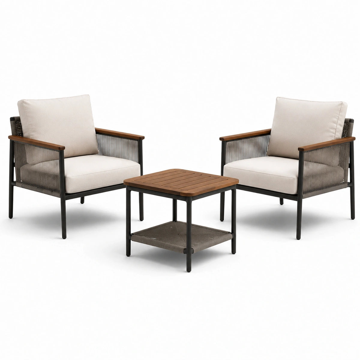 Set da giardino 3 pezzi con 2 poltrone 76 × 78 × 82 cm e tavolino 65 × 65 × 53 cm, nero, tortora, beige e marrone