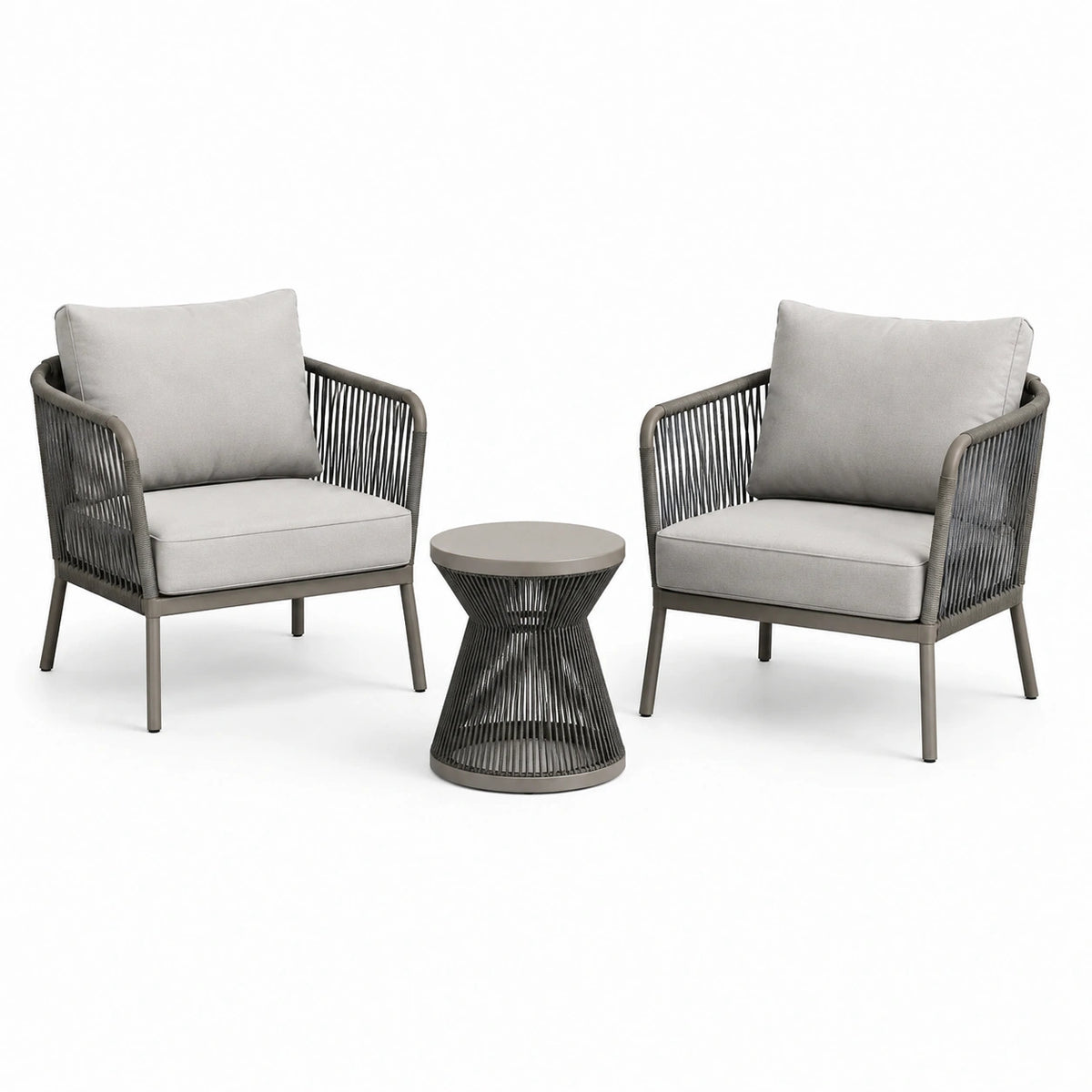 Set da giardino grigio chiaro e tortora, 2 poltrone da 75 × 78 × 82 cm e tavolino rotondo da 50 × 45 cm