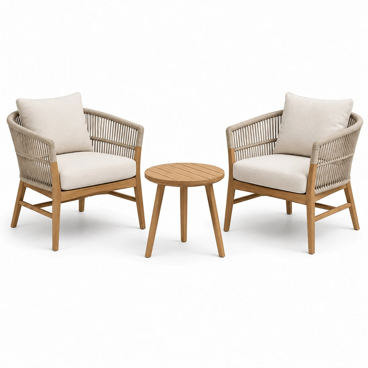 Set da giardino 3 pezzi beige e legno naturale con 2 poltrone 70 × 74 × 80 cm e tavolino rotondo Ø 55 × 45 cm