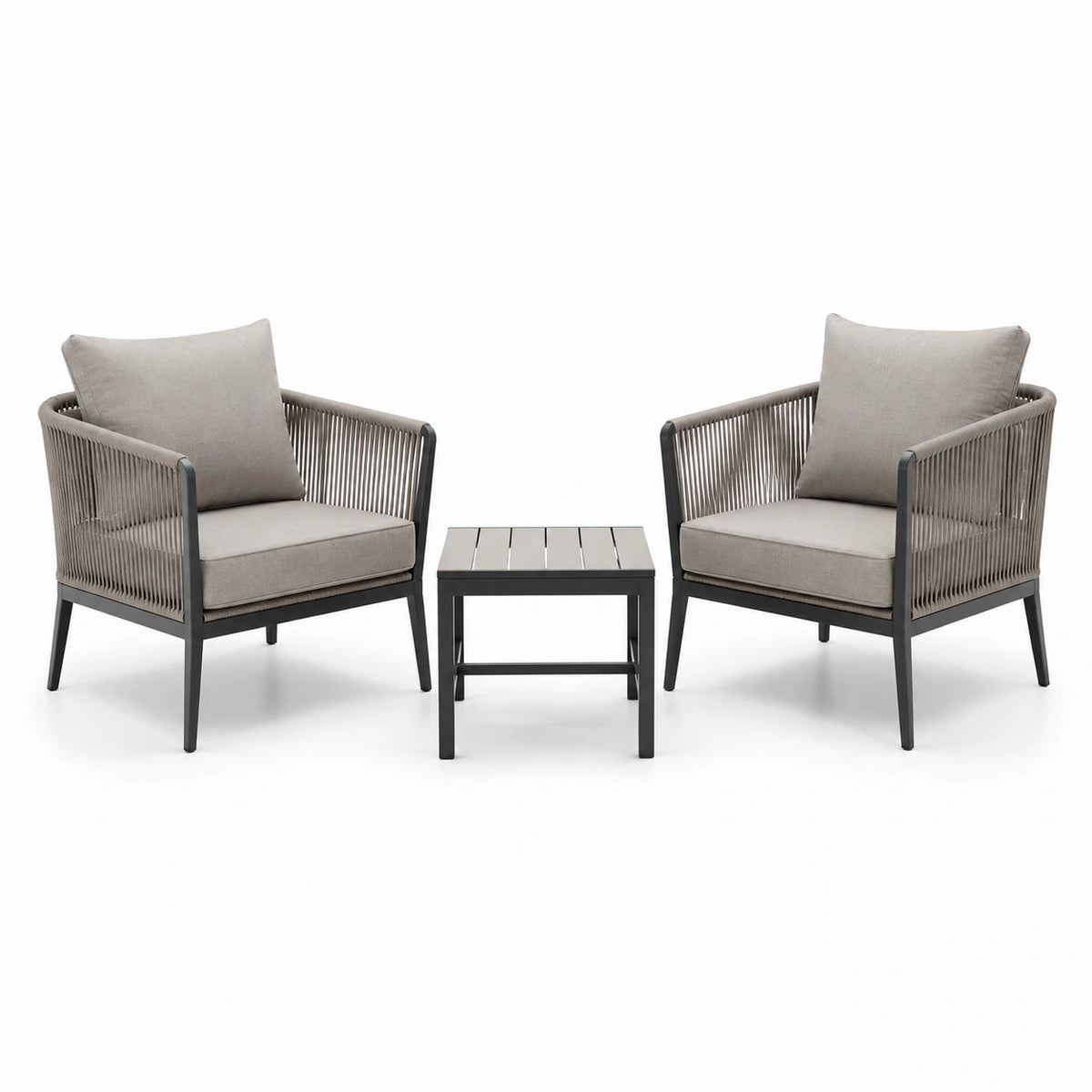 Set da giardino moderno 3 pezzi grigio tortora e antracite, 2 poltrone 74 × 76 × 79 cm e tavolino 50 × 50 × 45 cm